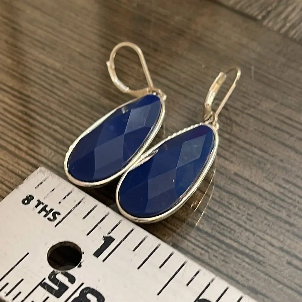 Long Silver-tone Tear Drop Lever Bag Earrings with Blue Faceted Gem